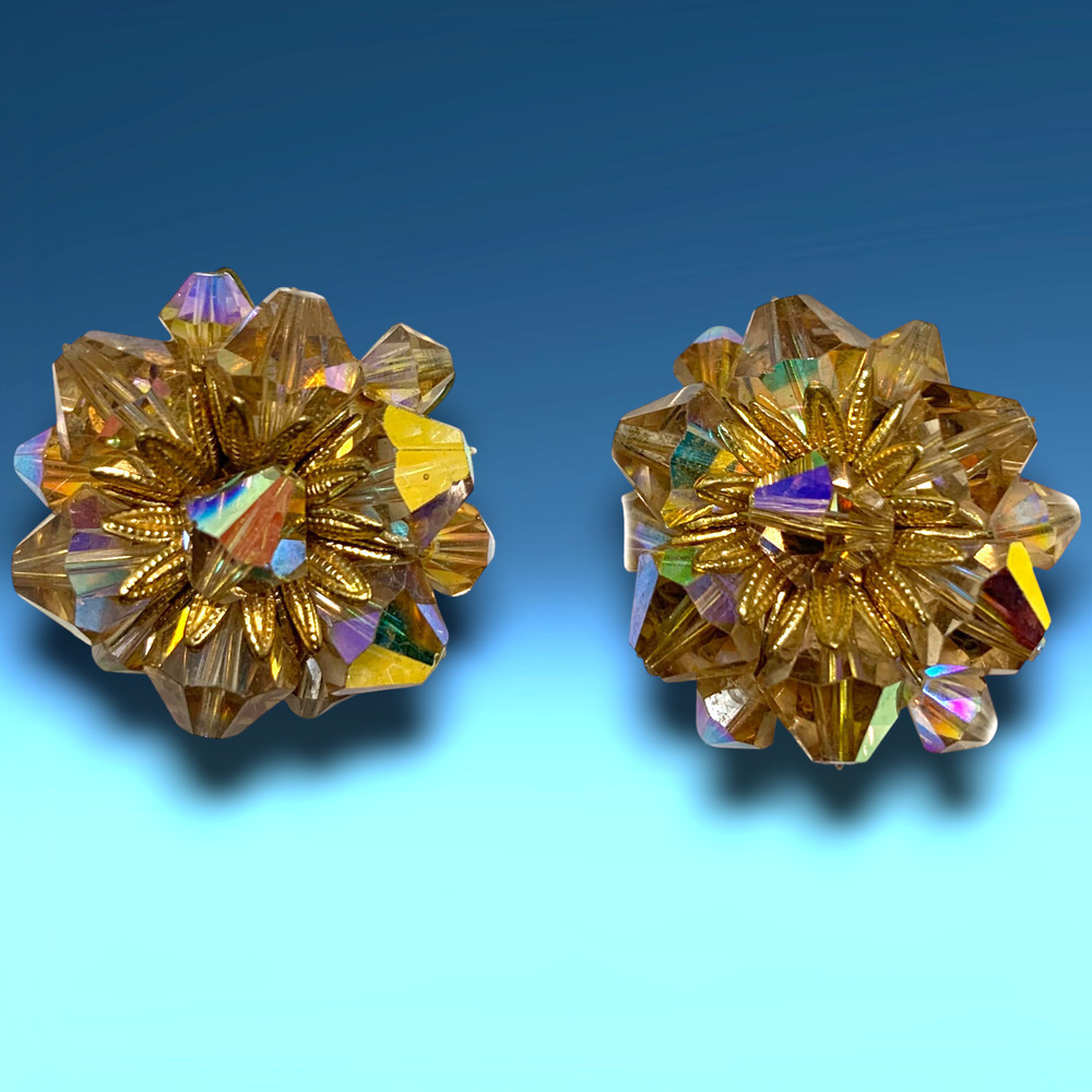 Vintage 1960's Gold Tone Sparkle Acrylic Beaded Cluster Earrings Clip On Couture